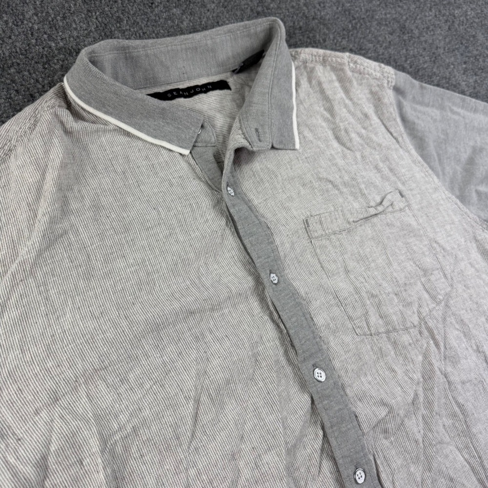 Sean John Button Up Shirt 3XL Gray Striped Linen Blend Short Sleeve Mens